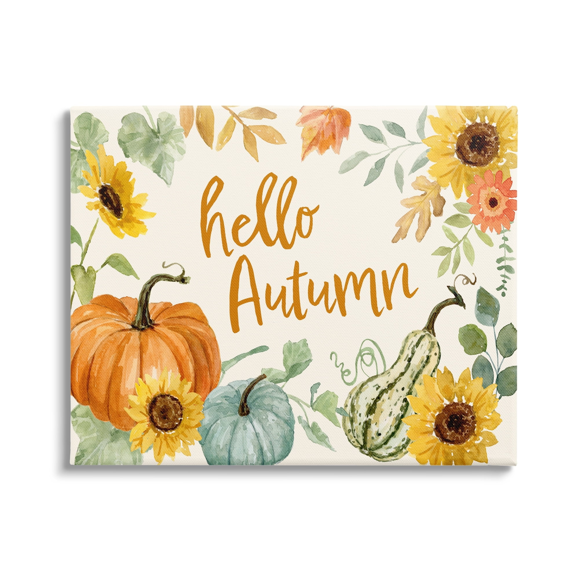 Hello Autumn Orange Calligraphy Fall Plants Border Botanical & Floral Graphic Art Gallery-Wrapped Canvas Print Wall Art