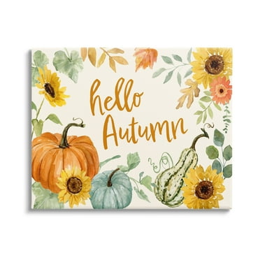 Hello Autumn Orange Calligraphy Fall Plants Border Botanical & Floral Graphic Art Gallery-Wrapped Canvas Print Wall Art