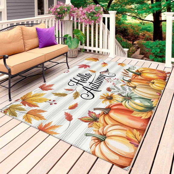 Hello Autumn Outdoor Rug for Patio/Deck/Porch, Non-Slip Large Area Rug 4 x 6 Ft, Thanksgiving Fall Pumpkins Maple Leaf Striped Indoor Outdoor Rugs Washable Area Rugs, Camping Rug Carpet Runner