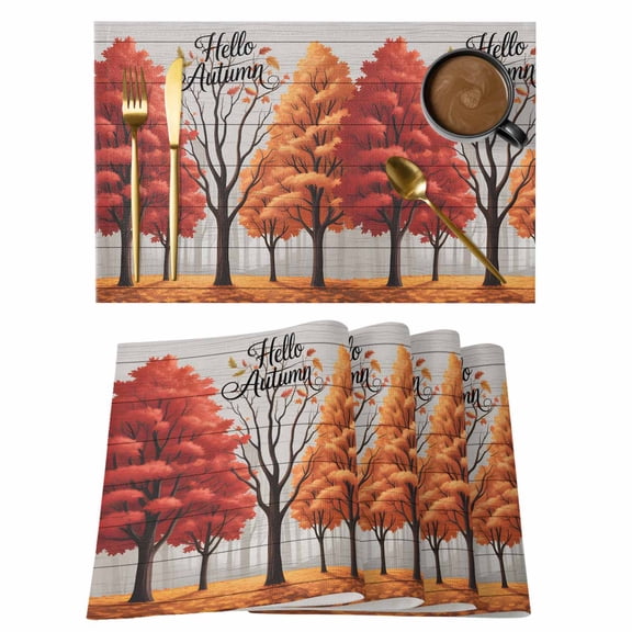 Hello Autumn Placemats Set of 12 Fall Orange Trees Forest Leaves Wood Grain Place Mats Indoor Wipeable Table Mats Washable Cloth Dining Table Placemats for Kitchen Holiday Party Home Decor 13x19 Inch