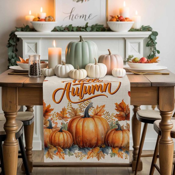 Hello Autumn Pumkin Maple Leaf Table Runner, Autumn Thanksgiving Kitchen Dining Table Decoration for Home Party Decor 13x60 Inches