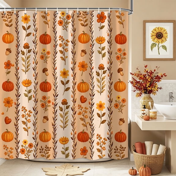 Hello Autumn Pumpkin Floral Shower Curtain, Rustic Fall Harvest Striped Bathroom Decor, Boho Thanksgiving Bath Curtain, Waterproof Washable Fabric Shower Curtain with Hooks,72X72in