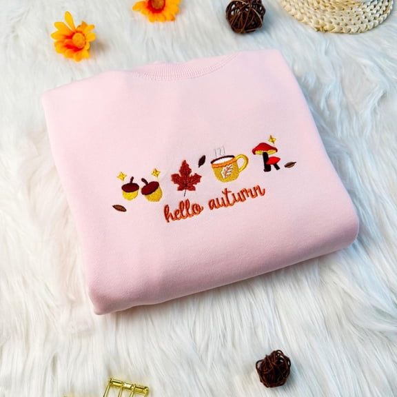 Hello Autumn Season with Coffee Mushroom Embroidered Sweatshirt