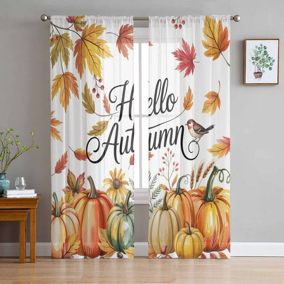 Hello Autumn Sheer Curtains 63 Inch Length 2 Panels Set, Semi Transparent Voile Rod Pocket Curtains for Living Dining Room Bedroom Drapes Orange Thanksgiving Fall Pumpkins Maple Leaf