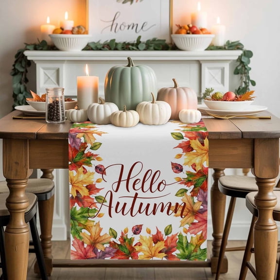 Hello Autumn Text Cotton Linen Table Runner, Washable Table Runners for Kitchen, Dining Room, Holiday, Home Party Table Decor, 13x36 Inches