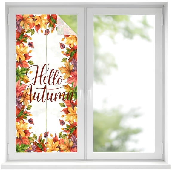 Hello Autumn Text Window Privacy Film, Maple Leaves Watercolor Frosted Glass Window Clings Static Cling UV Heat Blocking Reusable Door Sticker for Bathroom 17.7 x 39.3 Inch