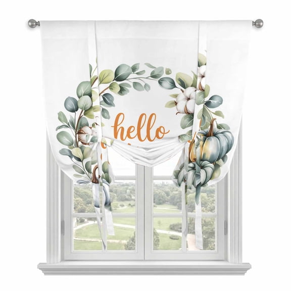 Hello Autumn Tie Up Curtains 45 Inches Long, Kitchen Window Curtains Over Sink, Thanksgiving Pumpkins Eucalyptus Wreath Small Window Curtains Shade Balloon Curtains Valances for Bedroom/Cafe 34"x45"