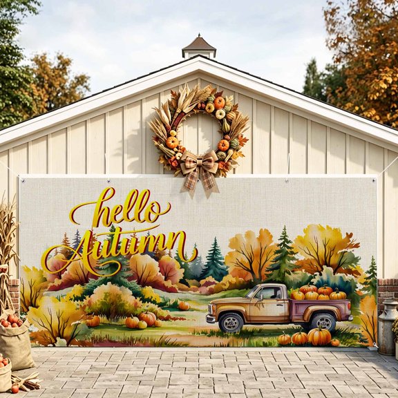 Hello Autumn Truck Fall Garage Door Cover, Thanksgiving Pumpkins Forest Garage Door Decorations with Ropes, Outdoor Hanging Banner Backdrop for Holiday Party Courtyard Porch Wall Decor 6x13ft
