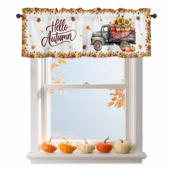 Hello Autumn Valances for Windows, 54 x 18in, Maple Leaf Pumpkin Truck Rod Pocket Kitchen Valance Curtain Light Filtering Window Treatments for Living Room Bedroom, 1 Panel