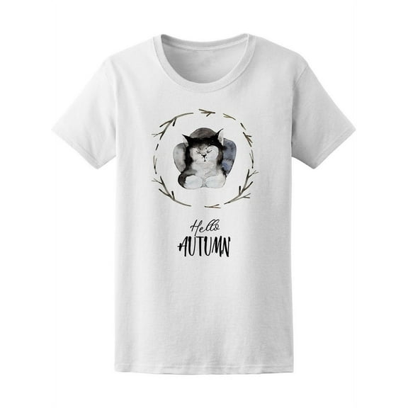 Hello Autumn Watercolor Cat T-Shirt Women -Image by Shutterstock, Female Small