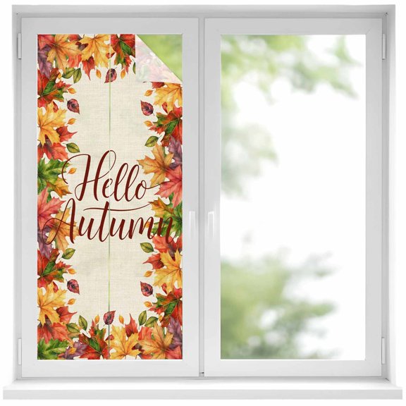 Hello Autumn Window Privacy Film, Maple Leaf Watercolor Linen Texture Frosted Glass Window Clings Static Cling UV Heat Blocking Reusable Door Sticker for Bathroom 17.7 x 39.3 Inch