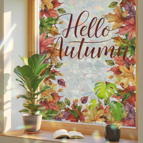 Hello Autumn Window Privacy Film, Maple Leaf Watercolor Linen Texture Stained Glass Holographic Film Decorative Window Clings, Static Cling Sun Blocking Stickers 19.6" x 39.3"