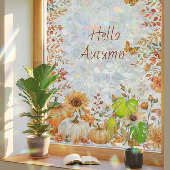 Hello Autumn Window Privacy Film, Rustic Farmhouse Orange Pumpkin Sunflower Botanical Stained Glass Holographic Film Decorative Window Clings, Static Cling Sun Blocking Stickers 17.7" x 39.3"