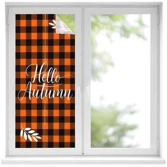 Hello Autumn Window Privacy Film, White Leaves Plaid Linen Texture Vintage Frosted Glass Window Clings Static Cling UV Heat Blocking Reusable Door Sticker for Bathroom 19.6 x 39.3 Inch