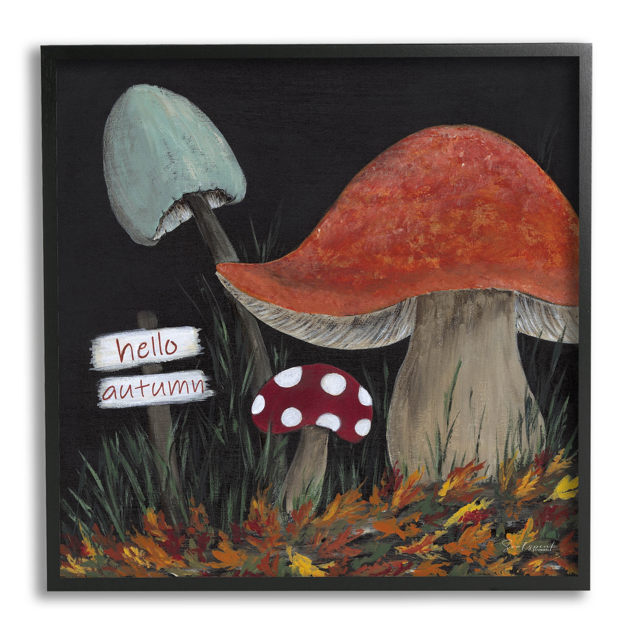 Hello Autumn Woodland Mushroom Forest Botanical & Floral Graphic Art Black Framed Art Print Wall Art