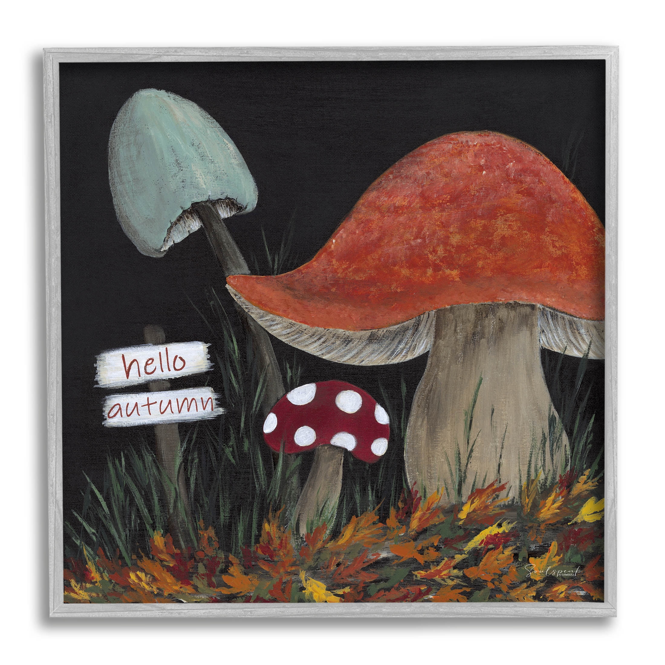 Hello Autumn Woodland Mushroom Forest Botanical & Floral Graphic Art Gray Framed Art Print Wall Art