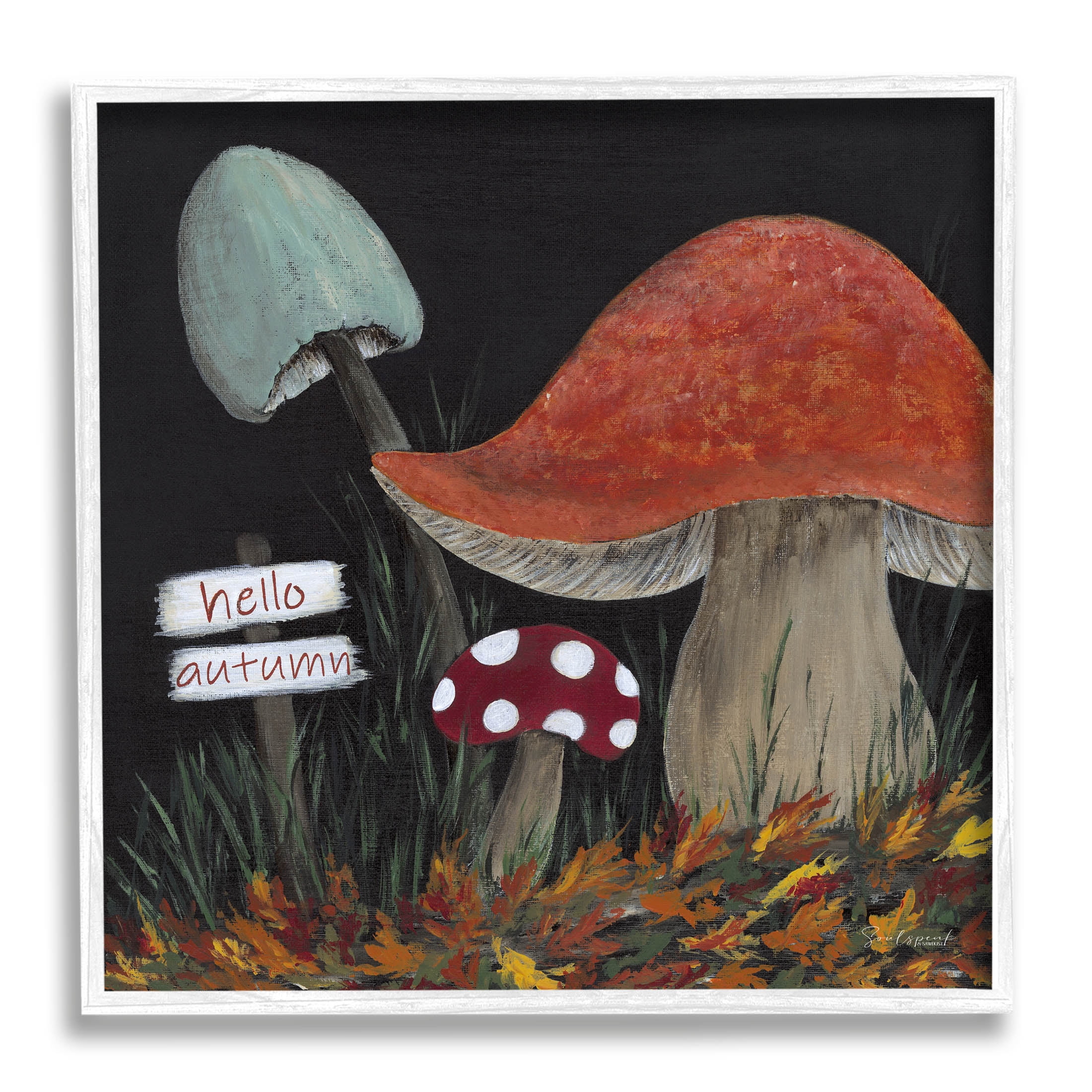 Hello Autumn Woodland Mushroom Forest Canvas Print in White Frame