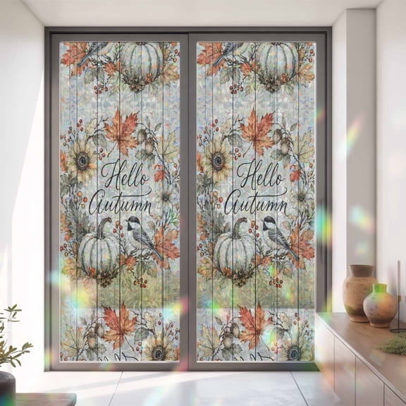 Hello Autumn Words on Wood Window Privacy Film,Decorative Windows Static Cling Retro Pumpkins Sunflowers Heat Control Removable Glass Sticker for Home Bathroom Bedroom Window Door,35.4x78.7in