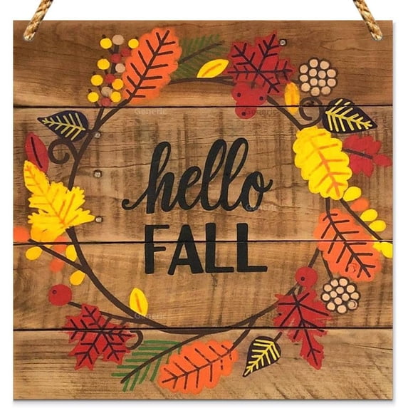 Hello Autumn Wreath Sign Fall Themed Front Door Sign Welcome Sign Porch Decoration Mantel Or Wall Art Vintage Sign Sign for Crafts Wood Sign Wooden Wall Decor 8 * 8 inch
