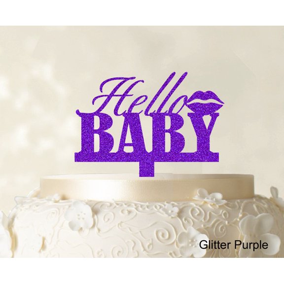 "Hello Baby Custom Cake Topper Personalized Glitter Purple Cake Topper Color Option Available 5""-7"" Inches Wide"