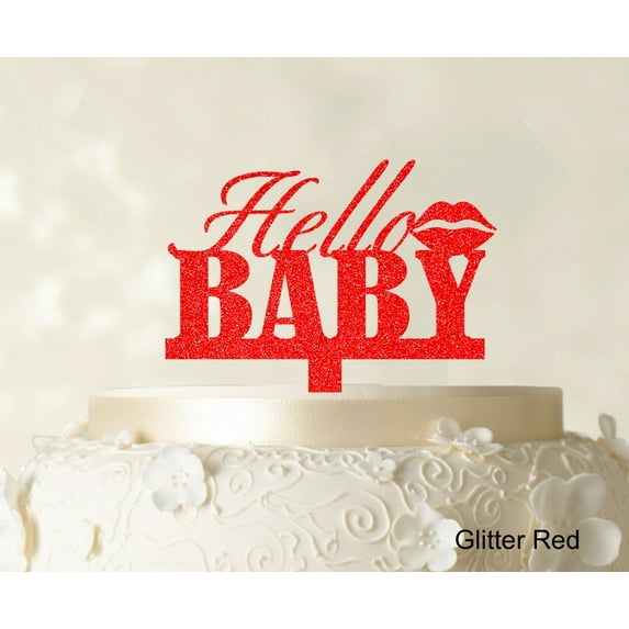 "Hello Baby Custom Cake Topper Personalized Glitter Red Cake Topper Color Option Available 5""-7"" Inches Wide"