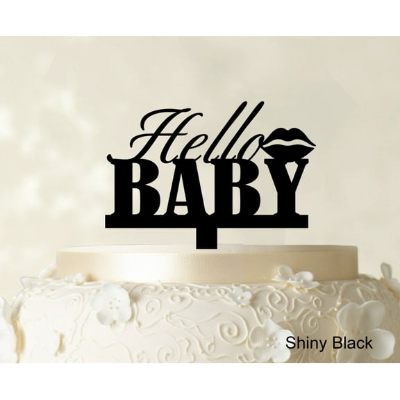"Hello Baby Custom Cake Topper Personalized Shiny Black Cake Topper Color Option Available 5""-7"" Inches Wide"