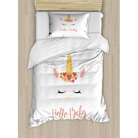 Hello Baby Duvet Cover Set Twin Size, Nursery Lettering and Animal Dreaming with Horns Hearts Children's Theme, Decorative 2 Piece Bedding Set with 1 Pillow Sham, White Burnt Sienna, by Ambesonne