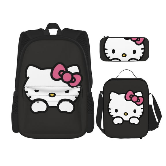 Hello Backpack Kitty Cat Backpack with Lunch Box & Pencil Case, 16 Inch Cute Hello Backpack Kitty Cat Themed Bookbag, Adjustable Lightweight Large Capacity, Colorful Hello Backpack Kitty Cat Bookbag
