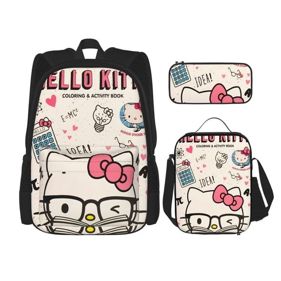 Hello Backpack Kitty Cat Graphic Backpack for Collage Bookbag with Lunch Box and Pencil Case for Women Adult