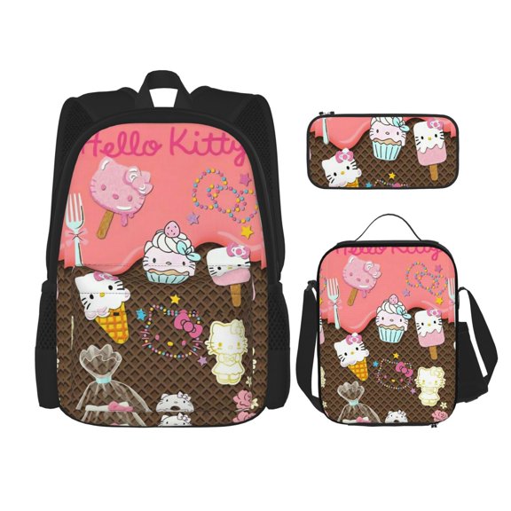 Hello Backpack Kitty Cat Pink Large Capacity Backpack 3 Pieces Set - Adjustable Straps, Lightweight For Work, Outdoor Activities