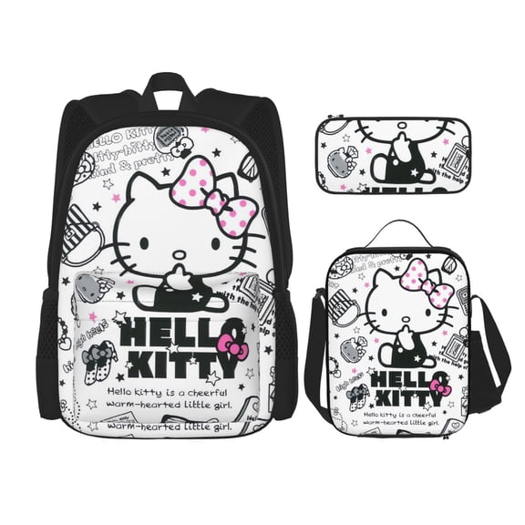 Hello Backpack Kitty Cat Pink Large Capacity Backpack 3 Pieces Set - Adjustable Straps, Lightweight For Work, Outdoor Activities
