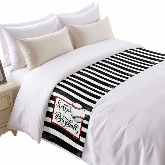Hello Baseball Bed Runner for Queen Size Bed, Watercolor Black White Strips Sport Soft Bedding Scarf Bedding Protector Slipcover Sofa Throw for Bedroom Hotel Guesthouse