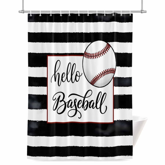 Hello Baseball Shower Curtain, 72" x 72", Watercolor Black White Strips Sport Waterproof Bathroom Curtain Washable Shower Curtain Set with 12 Hooks