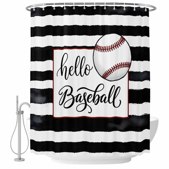 Hello Baseball Shower Curtain for Bathroom, Watercolor Black White Strips Sport Waterproof Machine Washable Shower Curtain Set with Hooks, Bath Decoration for Home Bathtub Stall 72"x78"