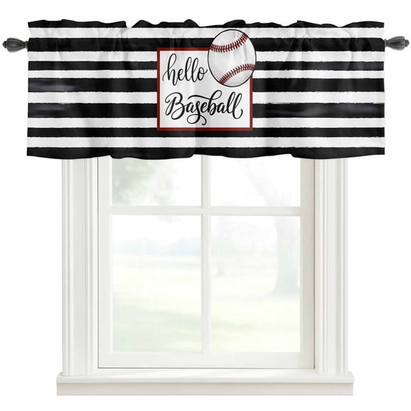 Hello Baseball Valances for Windows Watercolor Black White Strips Sport Rod Pocket Curtain Valance Window Treatment Short Curtains for Kitchen Living Room, 42"x12"