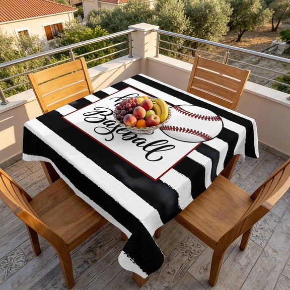 Hello Baseball Words Table Cloth 60x60in, Waterproof Square Tablecloth Wipeable Tablecloths Black White Striped Table Covers for Dining Tables Party Indoor Outdoor