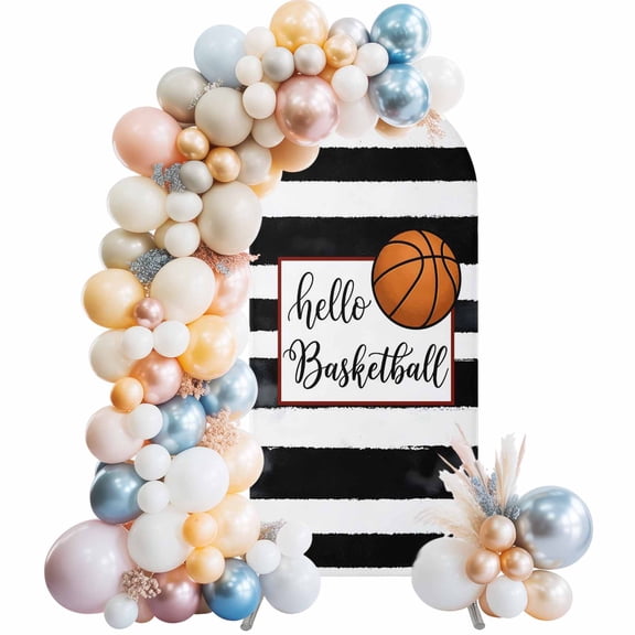 Hello Basketball Arch Backdrop Cover 5 FT Watercolor Black White Strips Sport Stretchy Elastic Arch Stand Covers Spandex Arched Background Birthday Wedding Party Decoration (No Stand)