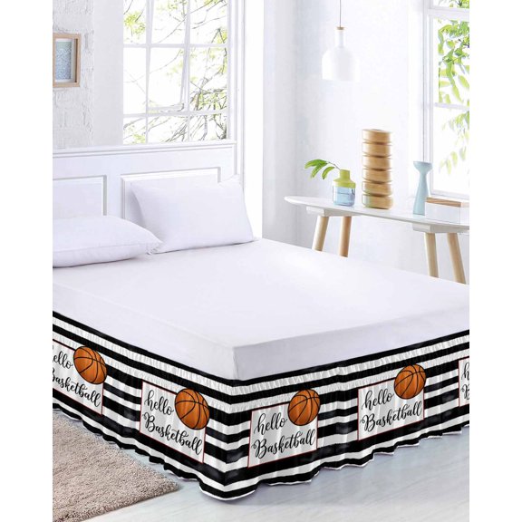 Hello Basketball Bed Skirt Queen Size 16 Inch Drop, Watercolor Black White Strips Sport Adjustable Elastic Dust Ruffles Bedskirt for Queen Bed Wrap Around Pleated Mattress Frame Cover