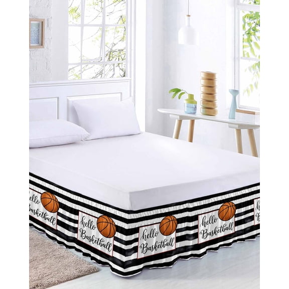 Hello Basketball Bed Skirt Queen Size 18 Inch Drop, Watercolor Black White Strips Sport Adjustable Elastic Dust Ruffles Bedskirt for Queen Bed Wrap Around Pleated Mattress Frame Cover