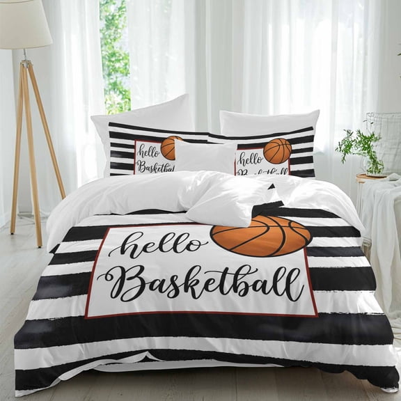 Hello Basketball Comforter Set Queen Size, Watercolor Black White Strips Sport Soft Bedding Set for Man Woman, 4 Pieces Duvet Cover Set with Fitted Sheet, 2 Pillowcases