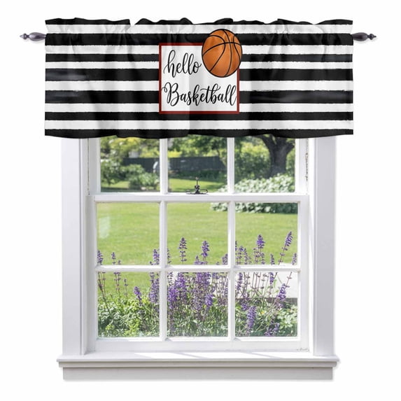 Hello Basketball Valance Curtain Watercolor Black White Strips Sport Window Valances Rod Pocket Short Curtains Window Treatments for Kitchen Bedroom Bathroom Laundry 60" x 14"