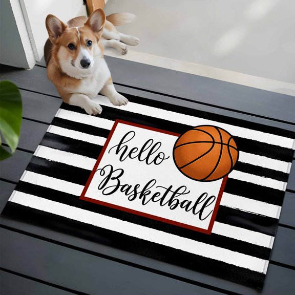 Hello Basketball Washable Entry Rug 2x3 Watercolor Black White Strips Sport Low Pile Indoor Door Mat with Rubber Backing Thin Area Rug for for Entrance, Bedroom, Kitchen, Laundry, Bathroom
