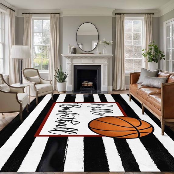 Hello Basketball Washable Living Room Rugs 5'x7', Watercolor Black White Strips Sport Low Pile Throw Large Area Rugs Non-Slip Sturdy Edge Binding Carpet for Dining Room Bedside Kitchen