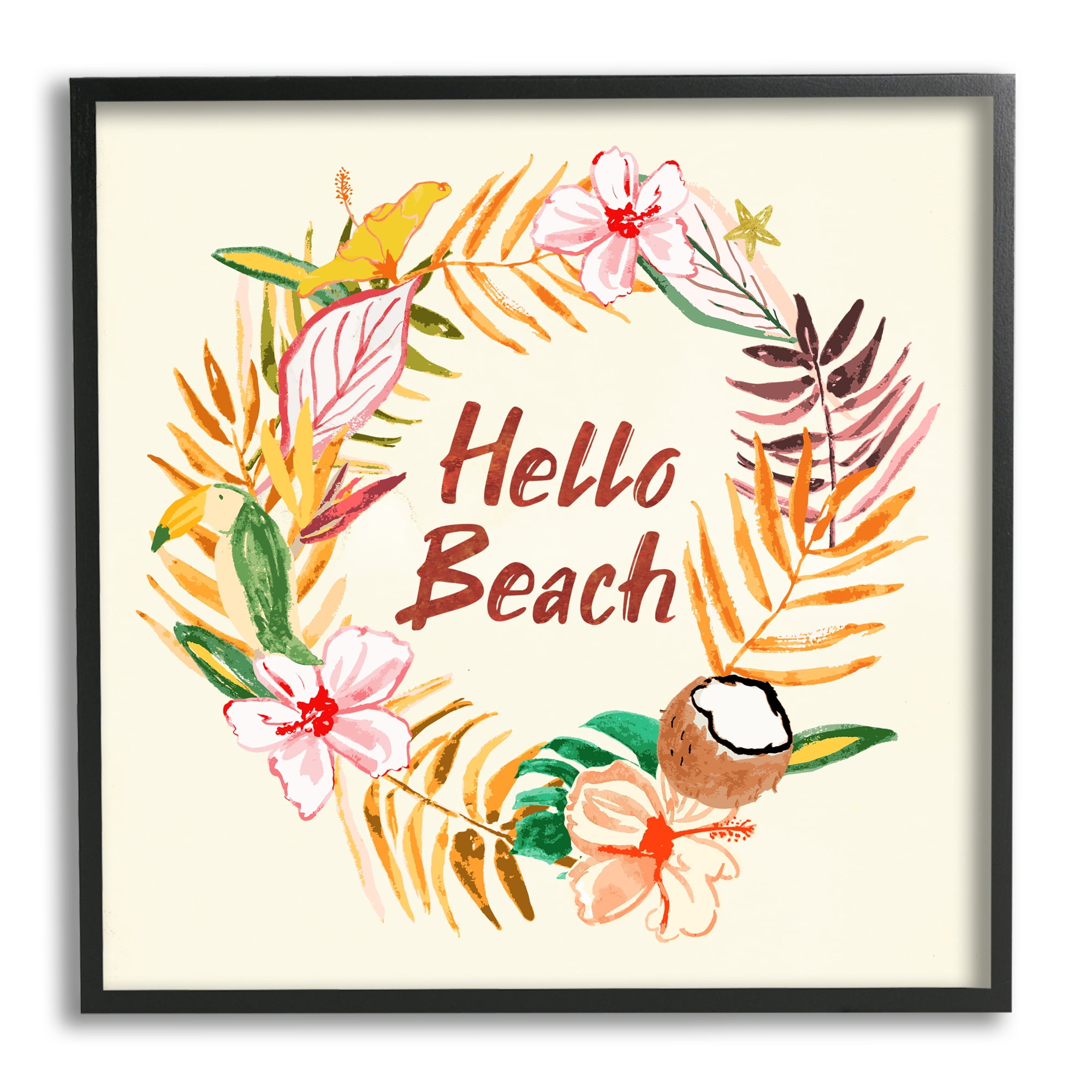Hello Beach Greeting Warm Tropical Palm Wreath Inspirational Framed Art Print Wall Art, 17x17