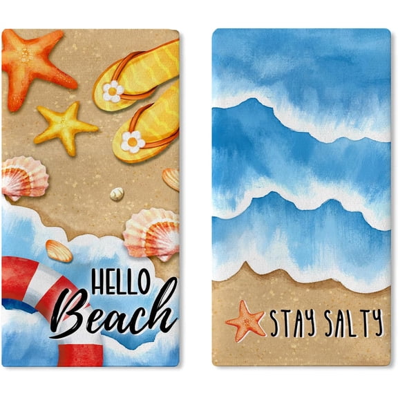 Hello Beach Spring Summer Kitchen Dish Towels Set of 2, Coastal Flip Flops Starfish Conch Drying Hand Towels Baking Cooking Cloth, Stay Salty Swim Ring Nautical Home Kitchen Decoration 18x26 in
