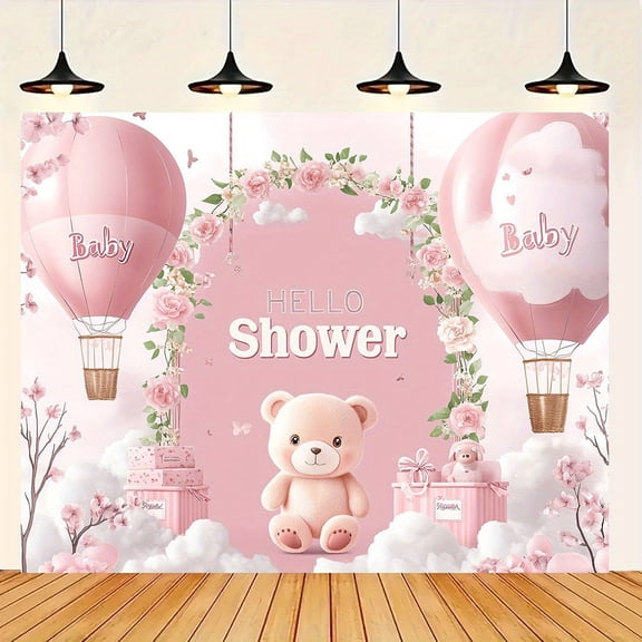 Hello Bear Baby Shower Backdrop Pink Floral Arch Hot Air Balloons Baby Shower Photography Background White Clouds Pink Cherry Blossoms Newborn Birthday Party Decorations Banner Photo Booth Props
