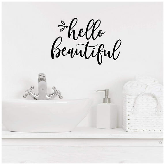 Hello Beautiful Cursive Vinyl Lettering Bathroom Mirror Wall Decal Sticker Laptop Stickers Front Door Decals - Size: 6.5" H x 9.5" L - Color: Black