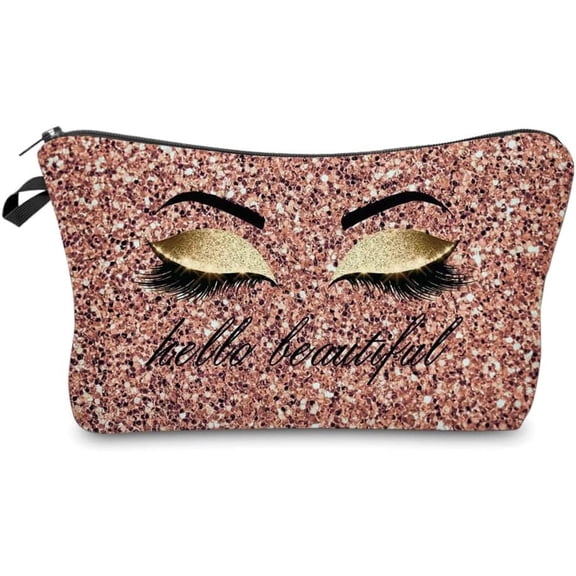 Hello Beautiful Makeup Bag for Purse Eyelash Bags for Women Inspirational Small Funny Glitters Eyeshadows Travel Bag Cases for Toiletries Accessories Organizer