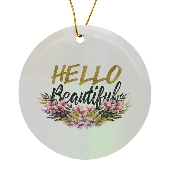 3drose, Hello Beautiful Pink, Purple, and Gold Floral, Circle Porcelain Ornament
