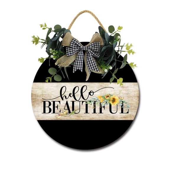 Hello Beautiful Sign Front Door Porch Decorations, Round Rustic Wood Hanging Sign for Farmhouse Porch Outdoor Home Holiday Front Door Sign Decor